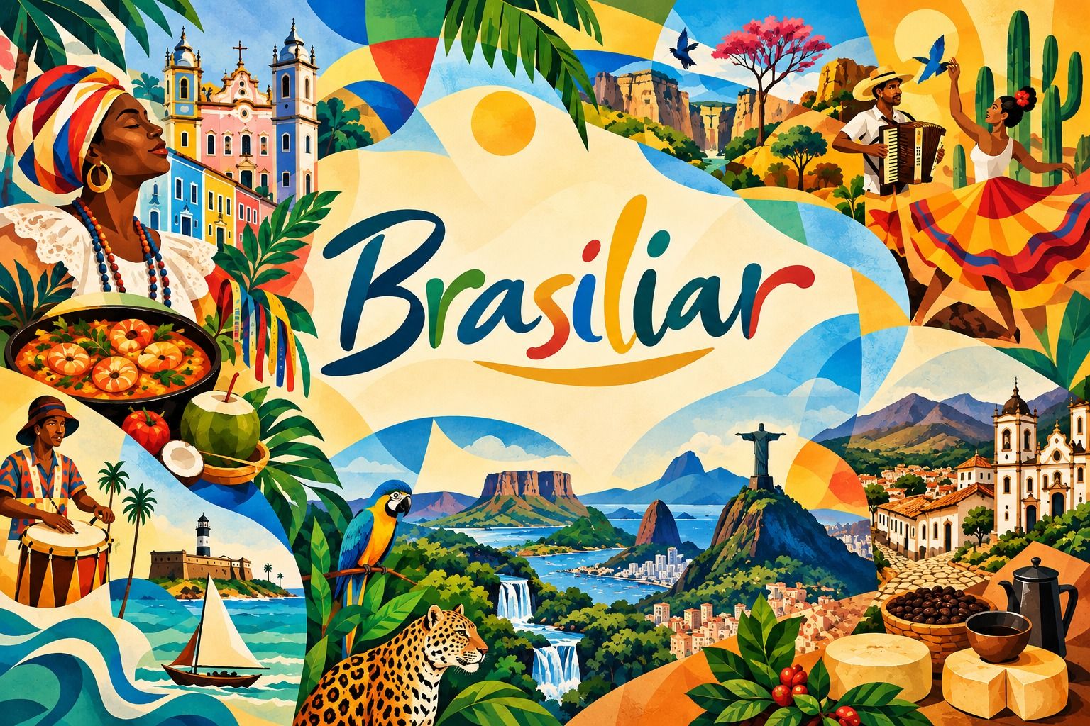 Brasiliar: colagem colorida do Brasil com Salvador, Rio de Janeiro, onça, arara, música, dança e comida